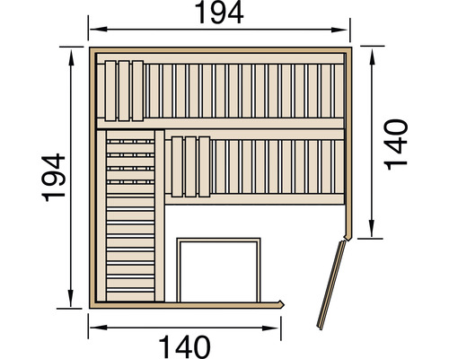 Grundriss einer Sauna mit den Massen 194 mal 140 Zentimeter