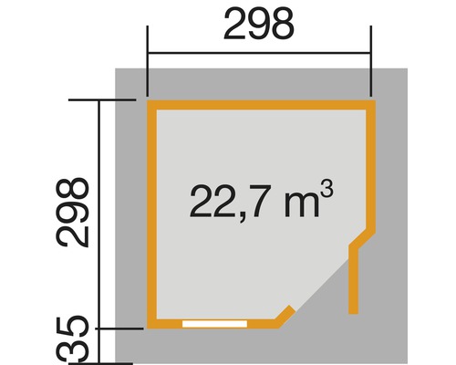 Grundriss mit den Maßen 298 mal 298, sowie Volumen 22,7 Kubikmeter