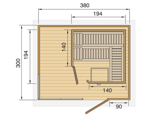 Grundriss einer Sauna mit Maßen.