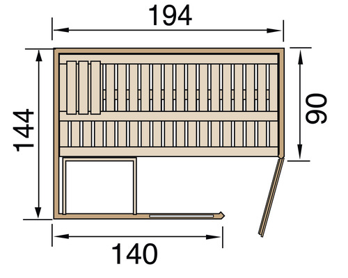 Technische Zeichnung einer Sauna mit Maßangaben.