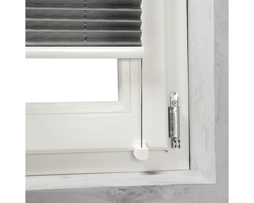 Detailansicht eines Fensters mit grauem Plissee-Rollo und Bedienelementen
