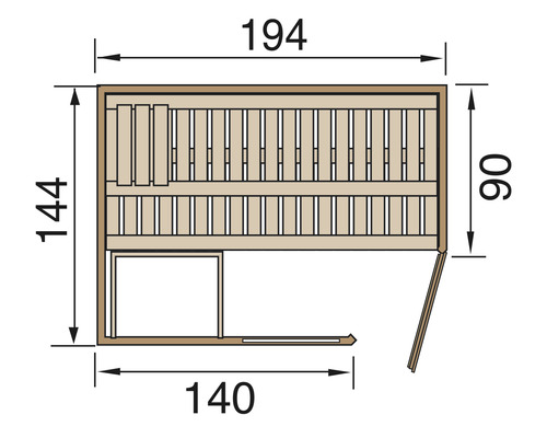 Grundriss einer Sauna mit Maßen.