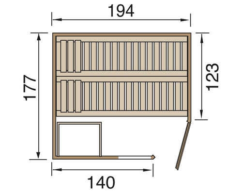 Grundriss einer Sauna mit Maßen