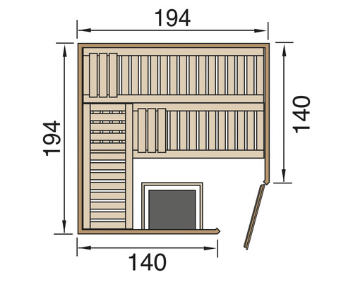 Grundriss der Sauna mit Maßangaben: 194 mal 140 Zentimeter.