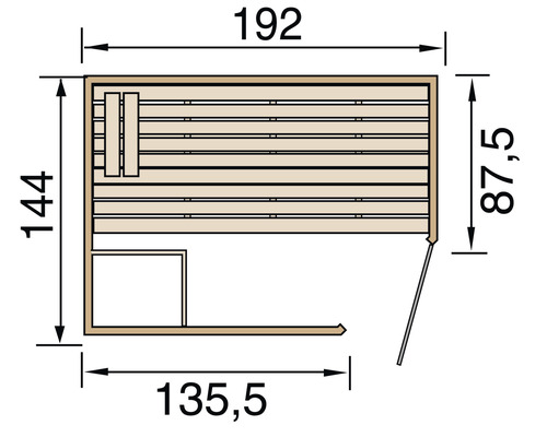 Vue de dessus d''un sauna avec dimensions.