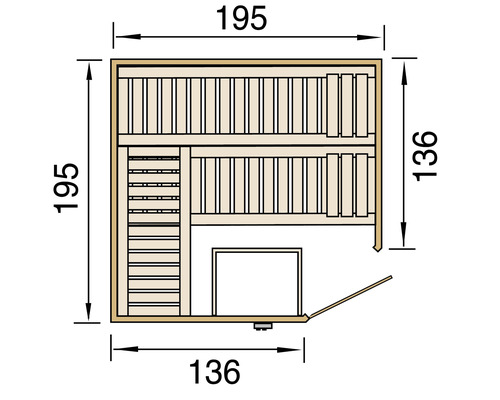 Grundriss einer Sauna mit Maßangaben in Zentimetern