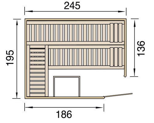 Technische Zeichnung einer Sauna mit Maßangaben