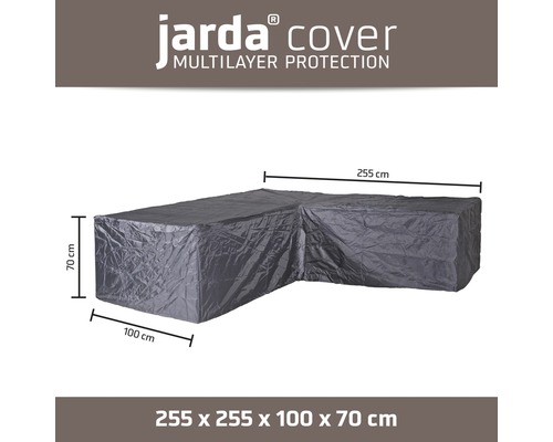 Housse de protection grise pour banc d''angle, dimensions 255 x 255 x 100 x 70 cm.