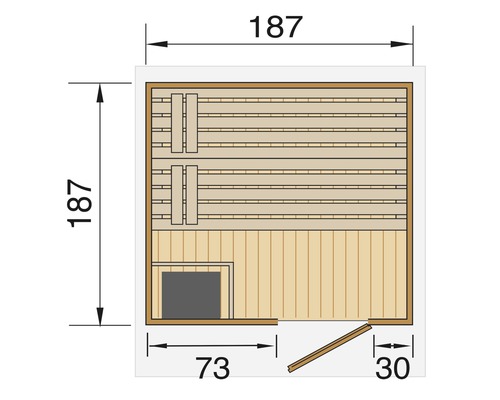 Grundriss einer Sauna mit Abmessungen.