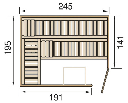 Technische Zeichnung einer Sauna mit Maßangaben