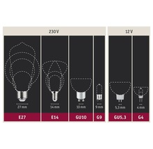 Illustration de différents types de culots de lampe : E27, E14, GU10, G9, GU5.3 et G4.