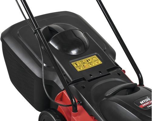 Vue détaillée d''une tondeuse à gazon MTD Smart 395 PO avec bac de ramassage