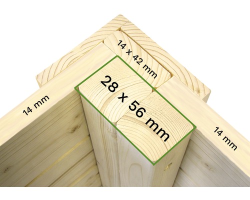 Vue détaillée d''un cadre en bois avec des dimensions de 14 mm, 14 x 42 mm et 28 x 56 mm.