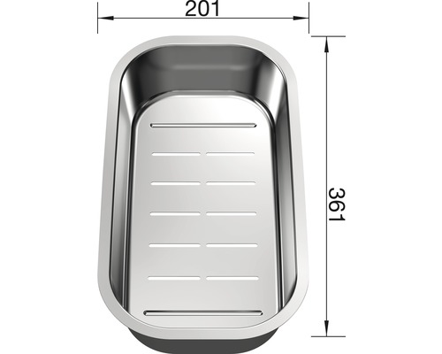 Edelstahlspüle mit den Maßen 201 mal 361 Millimeter.