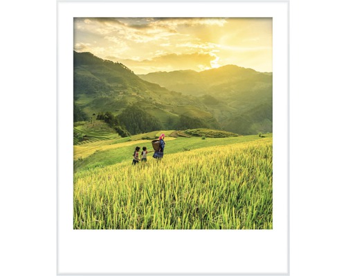 Image encadrée d''une scène rurale avec des personnes dans un champ devant un paysage de collines