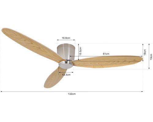 Deckenventilator mit drei Flügeln und Maßangaben