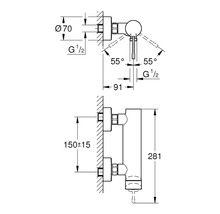 Technische Zeichnung eines Wasserhahns mit Maßangaben