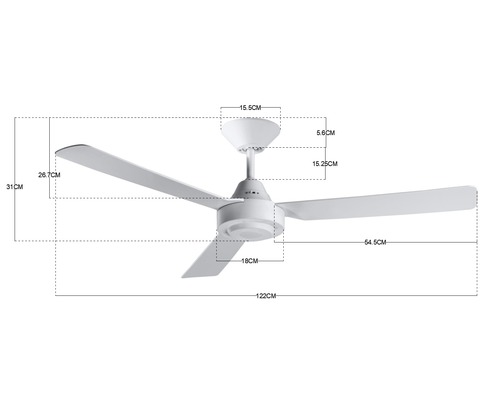 Die Abbildung zeigt einen Deckenventilator mit Abmessungen.