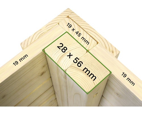 Détail de construction en bois avec dimensions 19 mm, 19 x 45 mm, 28 x 56 mm