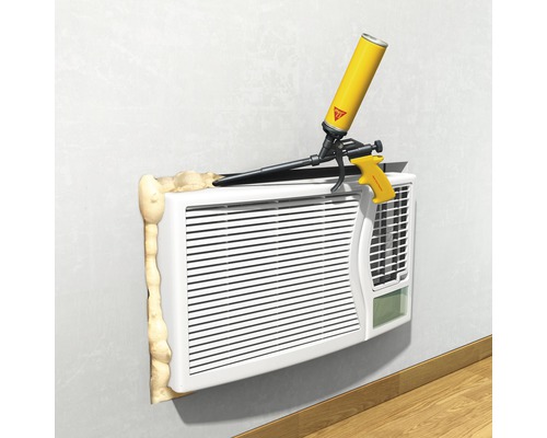 Installation d''un climatiseur avec un pistolet à mousse expansive pour l''étanchéité