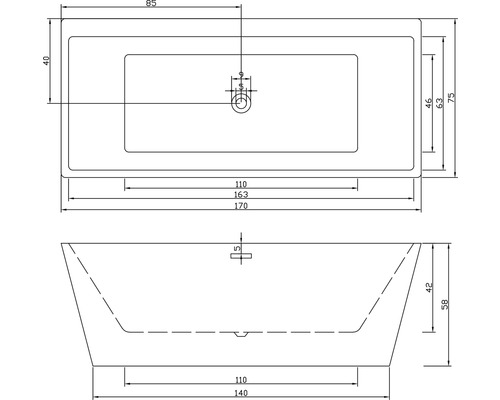 Schéma technique d''une baignoire avec indications de dimensions