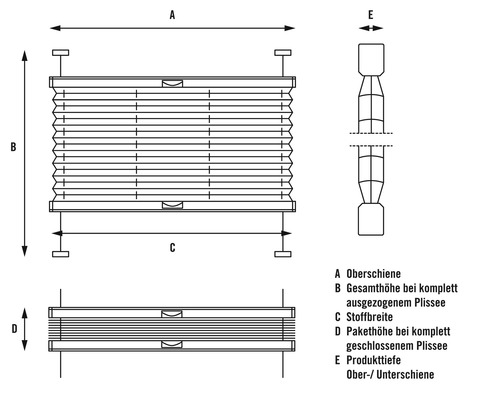Dimensionsdiagramm eines Faltstores mit Beschriftungen zur Erläuterung der Maße