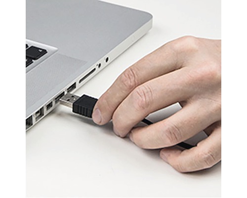Eine Hand steckt einen USB-Stecker in einen Laptop