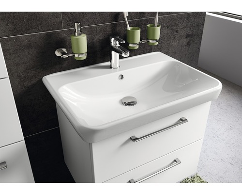 Waschtisch mit Unterschrank, Armatur, Seifenspender und Zahnputzbecher