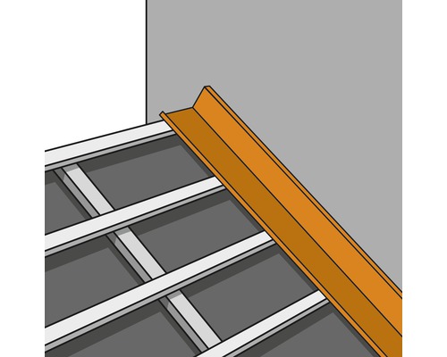 Illustration eines Kantenschutzprofils an einer Wand über einer Unterkonstruktion.