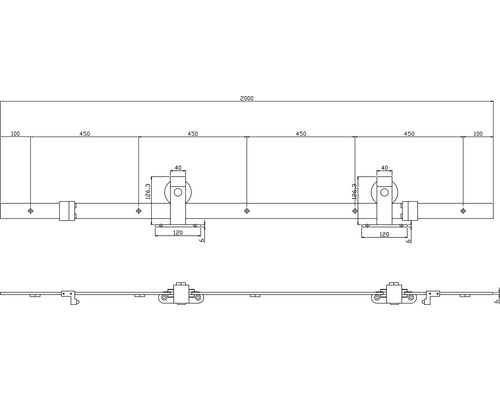 Dessin technique d''une construction de ferrure de porte coulissante avec indications de dimensions