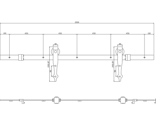 Schéma technique d''un système de porte coulissante avec dimensions.