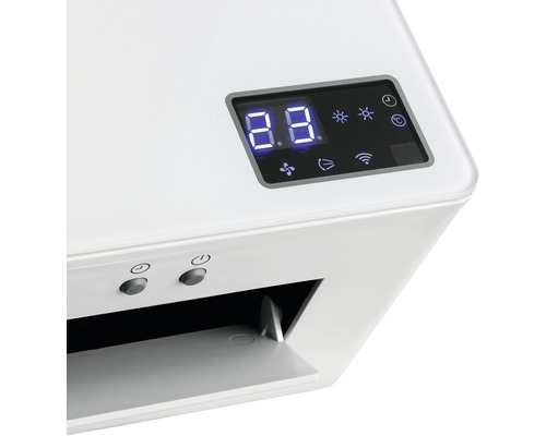 Vue détaillée d''un purificateur d''air blanc avec affichage numérique et boutons de commande