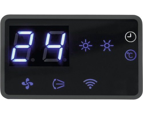 Affichage numérique avec différents symboles pour la ventilation, la température et le wifi