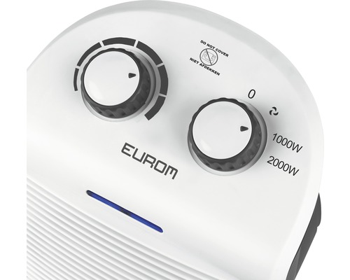Vue détaillée d''un radiateur soufflant Eurom avec deux boutons rotatifs pour le réglage de la température et de la puissance