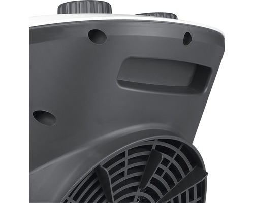 Image détaillée d''un radiateur soufflant avec ventilateur, poignée et boutons rotatifs