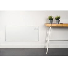 An der Wand montierter, flacher Heizkörper neben einem Schreibtisch mit Pflanzen.