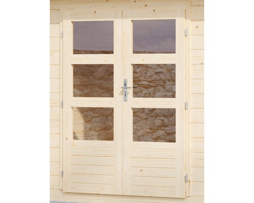 Double porte en bois avec inserts en verre pour cabane de jardin