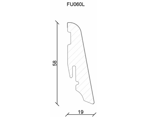 Diagramm einer Sockelleiste mit Abmessungen 58 mm Höhe und 19 mm Breite