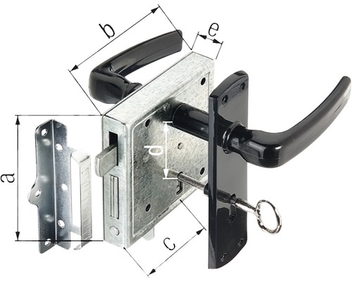 Einsteckschloss mit schwarzem Türgriff und Schlüssel, bemaßt
