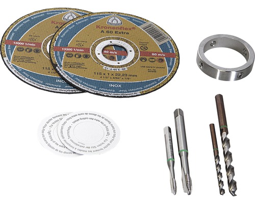 Deux disques à tronçonner, une bague, deux tarauds, deux forets et des rondelles en papier pour disques à tronçonner.