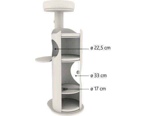 Arbre à chat avec plusieurs niveaux et indications de taille