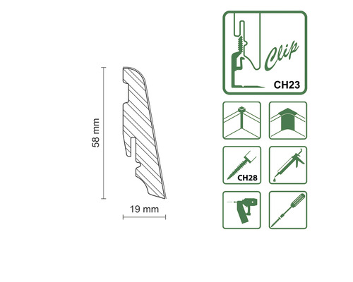 Profilleiste mit den Maßen 58 mm x 19 mm und Symbolen zur Montage