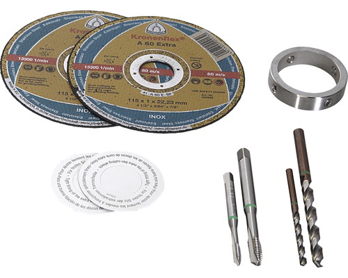 Zwei Trennscheiben, ein Lagerring, zwei Gewindebohrer, zwei Spiralbohrer und Distanzscheiben