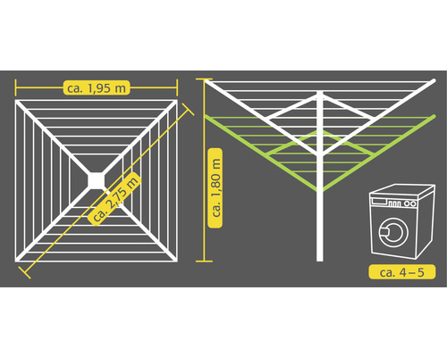 Dimensions d''un séchoir à linge d''une hauteur d''environ 1,80 mètre, d''une largeur d''environ 1,95 mètre et d''une diagonale d''environ 2,75 mètre.