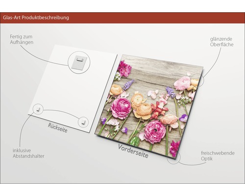 Image en verre avec motif floral sur aspect bois, fixation et entretoises incluses