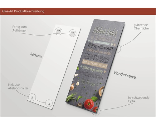 Glasbild mit Küchenregeln, inklusive Abstandshalter, fertig zum Aufhängen