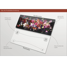 Glasbild mit Blumenmotiv, glänzender Oberfläche, inklusive Abstandshalter zur schwebenden Optik, fertig zum Aufhängen, Vorder- und Rückseite dargestellt