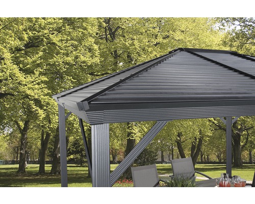 Gros plan d''un pavillon de jardin avec toit en métal et structure de support