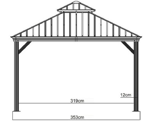 Dimensions d''un pavillon de jardin avec une largeur de 319 cm et une profondeur de 353 cm