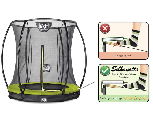 Gartentrampolin mit Sicherheitsnetz und Illustrationen zur Fußsicherheit